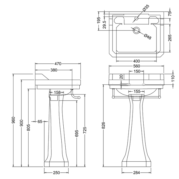 Edwardian Rectangle 560 Basin & Pedestal