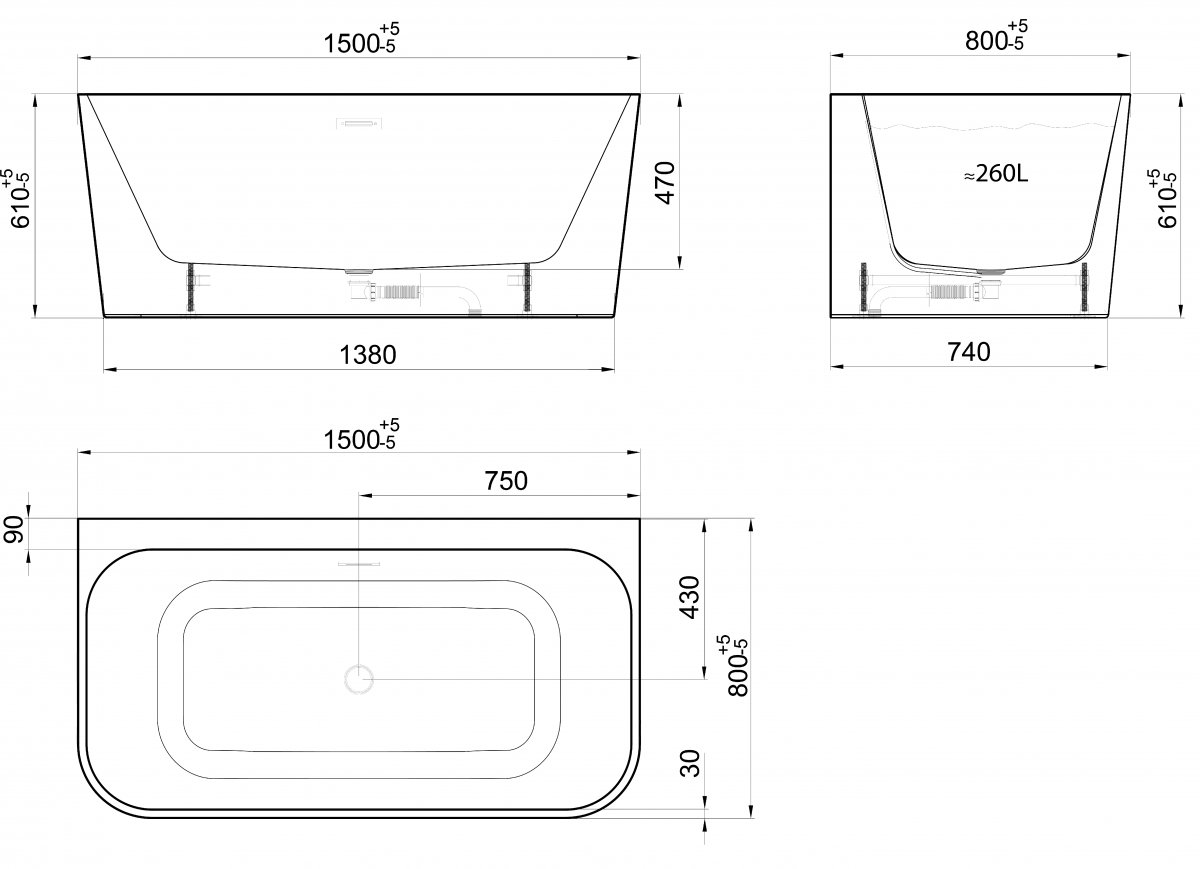 Curve Back-to-Wall Bath