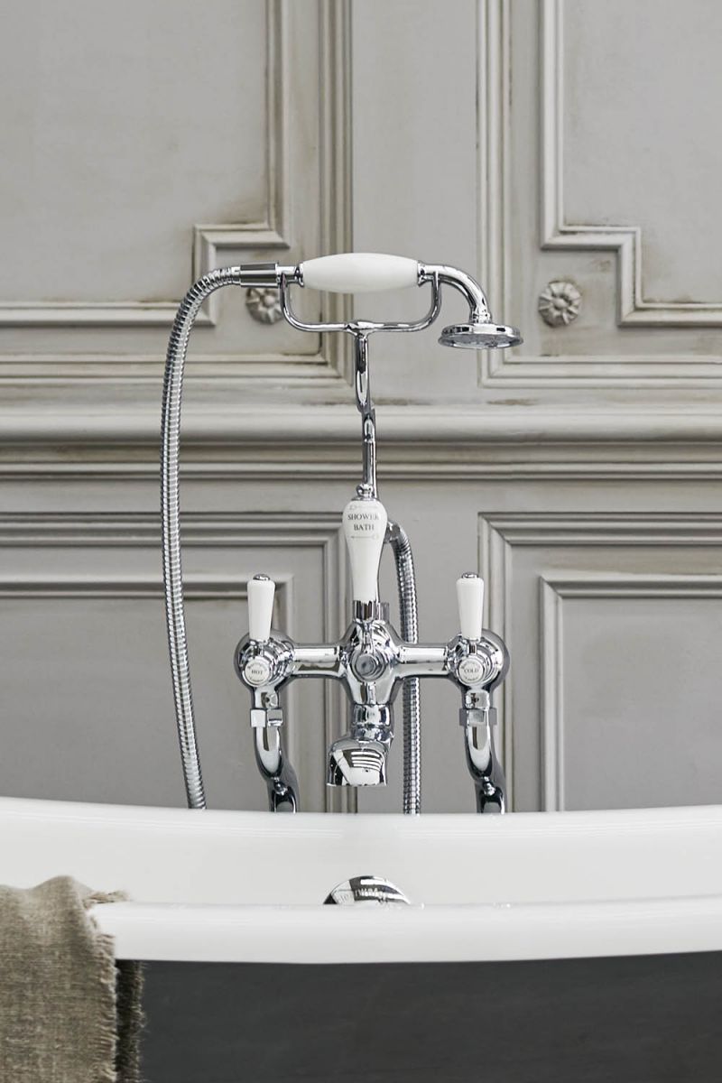 Kensington Bath Shower Mixer Deck Mounted with 'S' Adjuster in Chrome/White