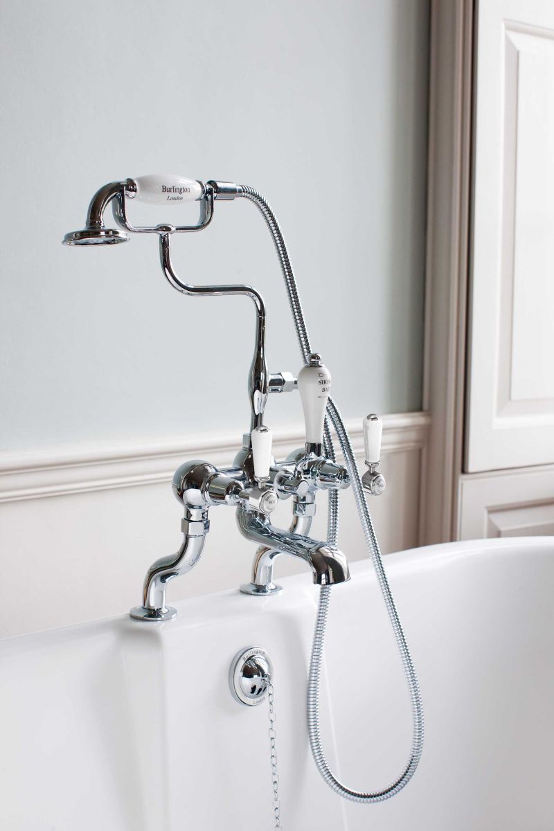 Kensington Bath Shower Mixer Deck Mounted with 'S' Adjuster in Chrome/White