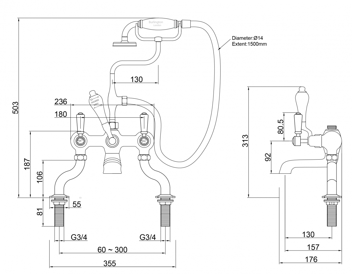 Kensington Bath Shower Mixer Deck Mounted with 'S' Adjuster in Chrome/White