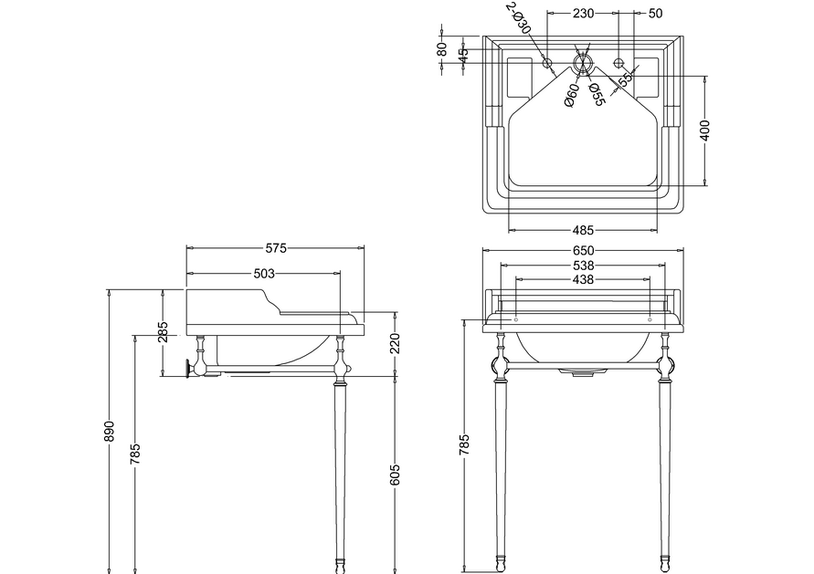 Classic Rectangle 650 Basin with Invisible Overflow & Chrome Washstand