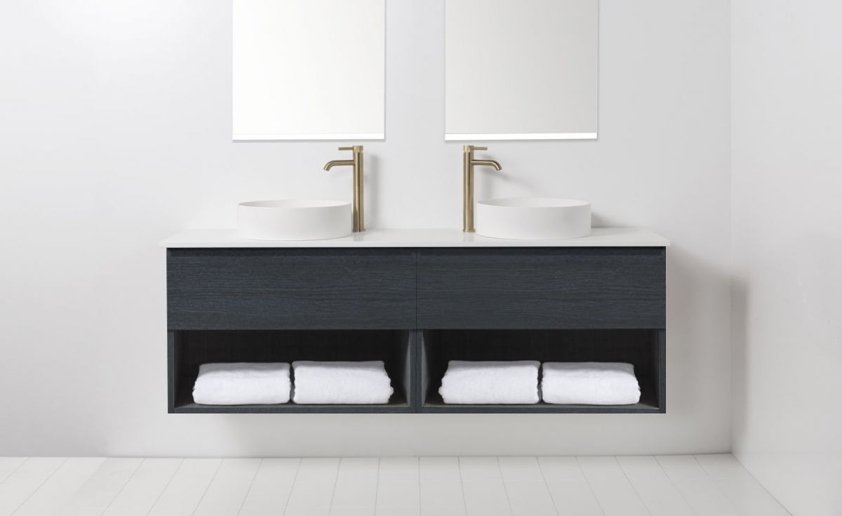 Soft Solid Surface 1760 Wall-Hung Vanity, Double Bowls, 2 Drawers & Open Shelves
