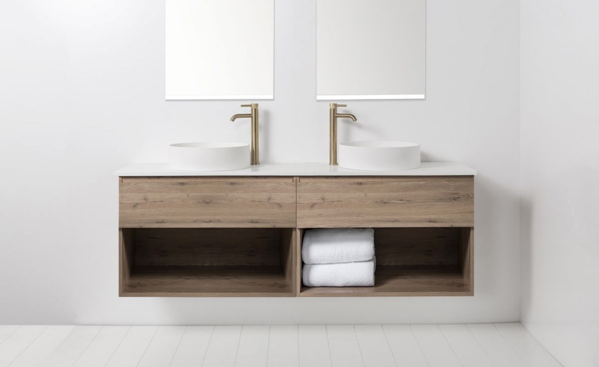 Soft Solid Surface 1760 Wall-Hung Vanity, Double Bowls, 2 Drawers & Open Shelves