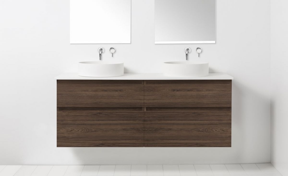 Soft Solid Surface 1550 Wall-Hung Vanity Double Bowls 4 Drawers