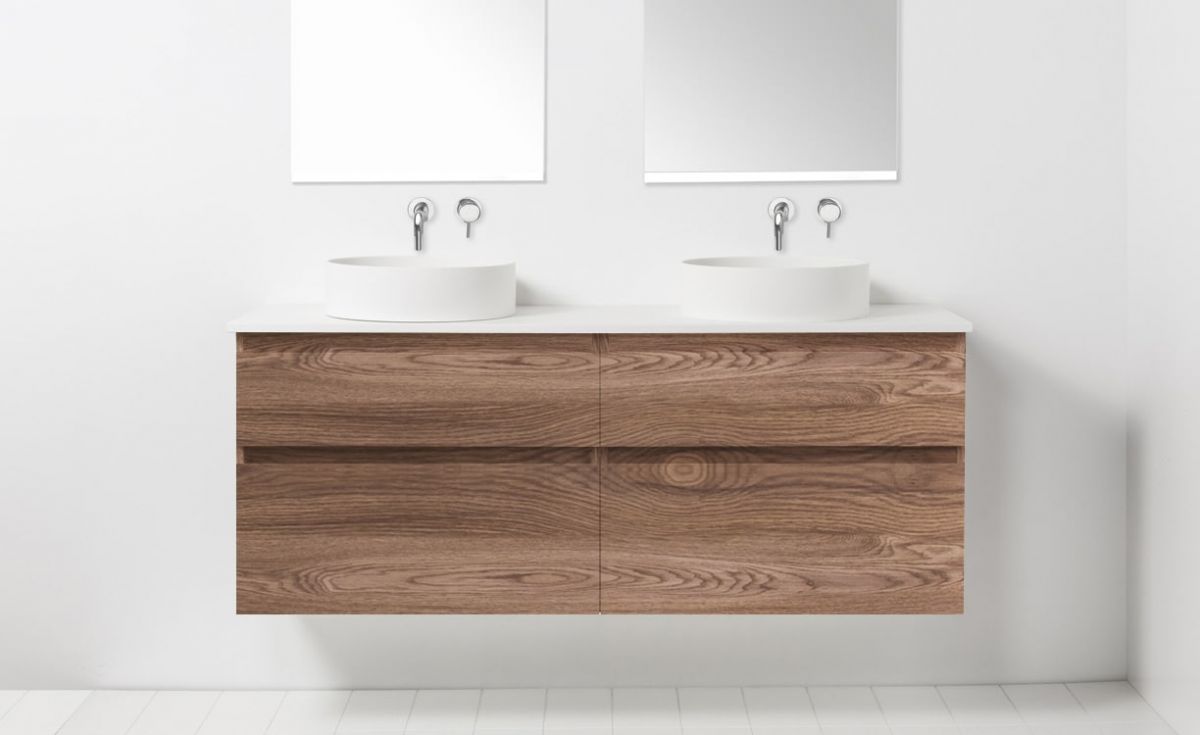 Soft Solid Surface 1550 Wall-Hung Vanity Double Bowls 4 Drawers