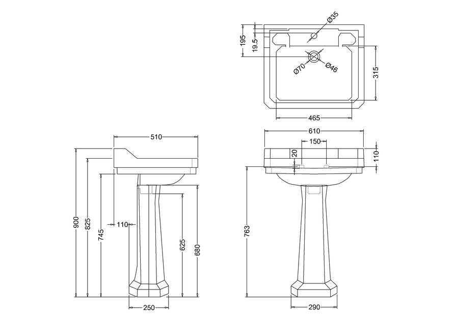 Edwardian Rectangle 610 Basin & Pedestal