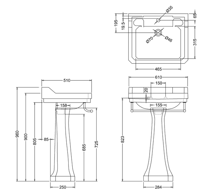 Edwardian Rectangle 610 Basin & Pedestal