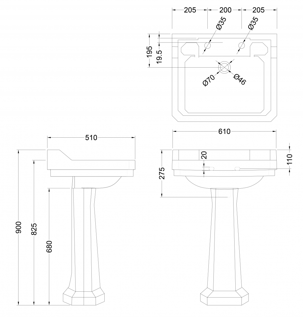 Edwardian Rectangle 610 Basin & Pedestal