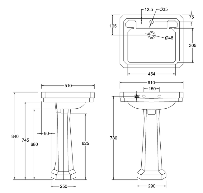 Victorian Rectangle 610 Basin & Pedestal