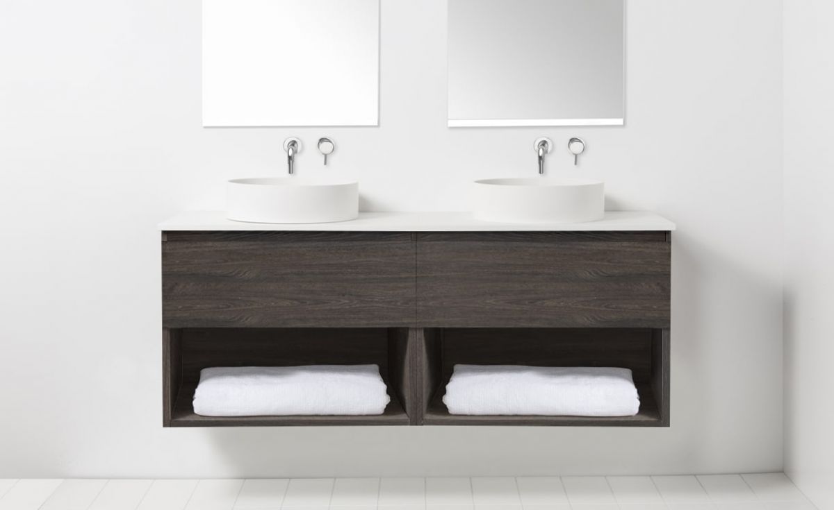 Soft Solid Surface 1550 Wall-Hung Vanity Double Bowls 2 Drawers & Open Shelves