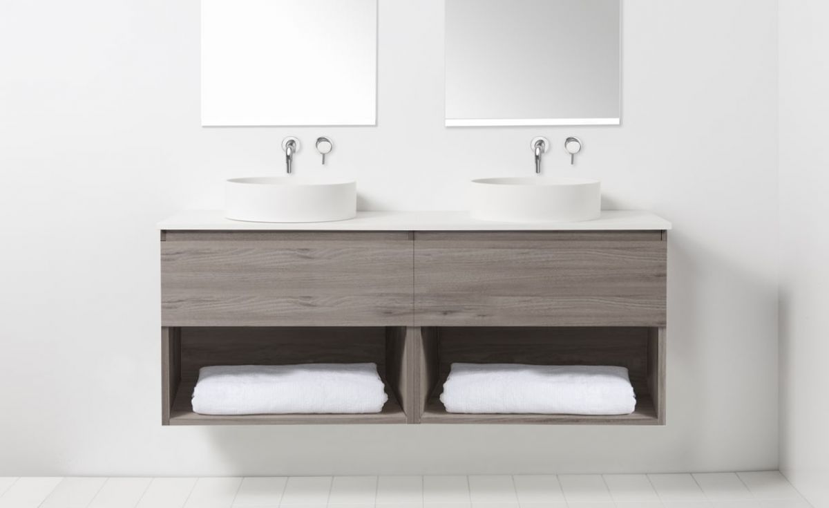 Soft Solid Surface 1550 Wall-Hung Vanity Double Bowls 2 Drawers & Open Shelves