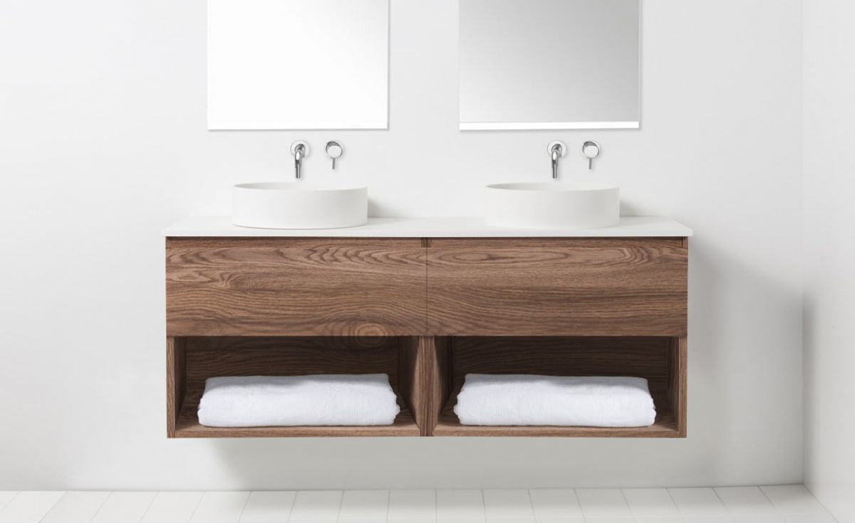 Soft Solid Surface 1550 Wall-Hung Vanity Double Bowls 2 Drawers & Open Shelves