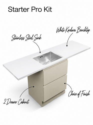 Starter Pro Laundry Kit with stainless steel sink, benchtop, 2-drawer cabinet & choice of finish.