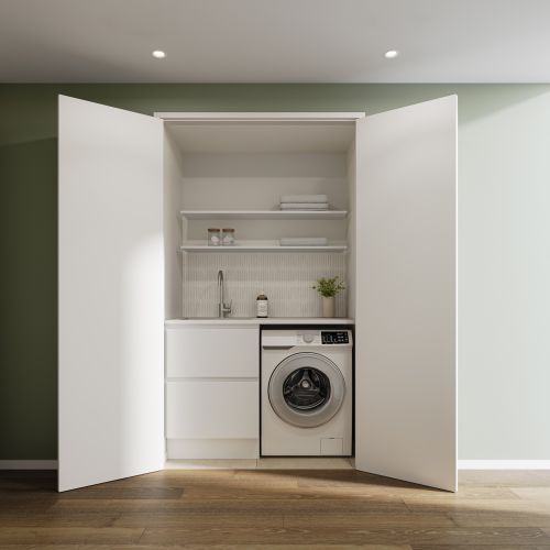 Starter Kit - smart, space-saving laundry cabinetry with generous storage and durable benchtop.