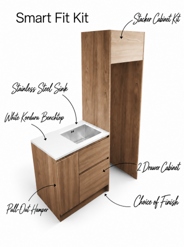 Smart Fit Laundry Kit with sink, benchtop, pull-out hamper, drawers & stacker cabinet.