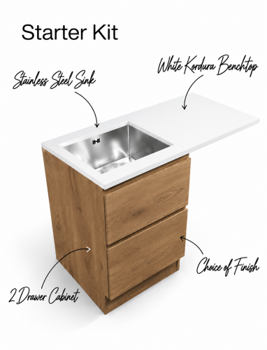 Starter Laundry Kit with stainless steel sink, benchtop, 2-drawer cabinet & choice of finish.