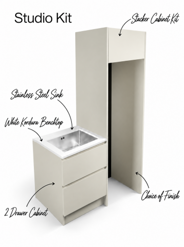 Studio Laundry Kit with stainless steel sink, benchtop, 2-drawer cabinet & stacker cabinet.